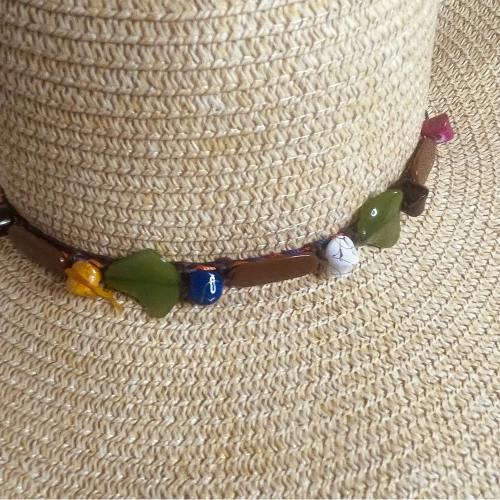 Bohemian Large straw hat with beading detailing with chin strap and bow tie
